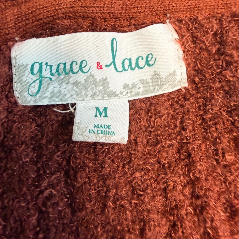 Grace & Lace Rust Brown Bamboo Knit Open Front Cardigan Pockets 10D15-21 Medium - Picture 4 of 9